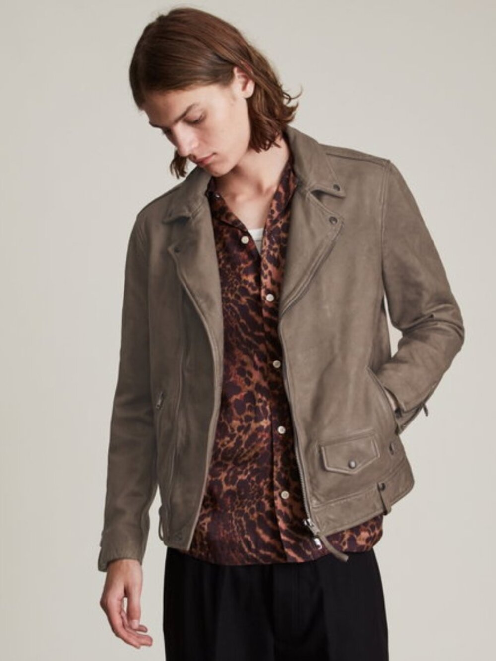 Allsaints Milo Leather Biker Jacket in Grey-Brown Size Medium